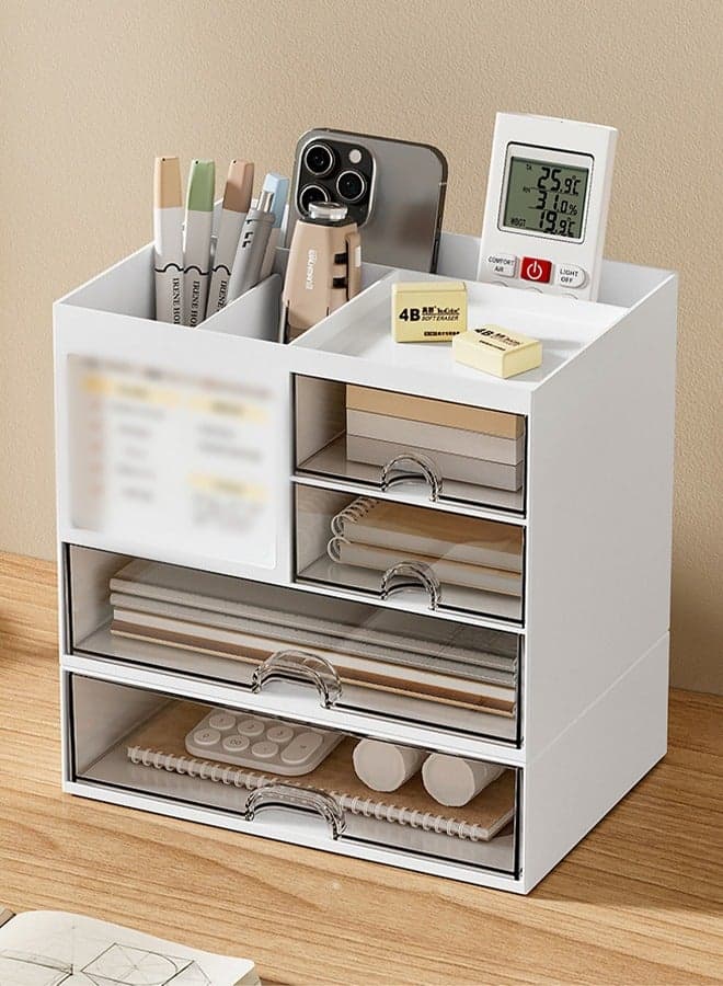 Pen Organizer with 4 Drawers, Multi-Functional Pencil Holder Storage Box for Desk, Desk Organizers and Accessories with 4 Compartments, Plastic Makeup Organizer for Office Supplies, Home, School