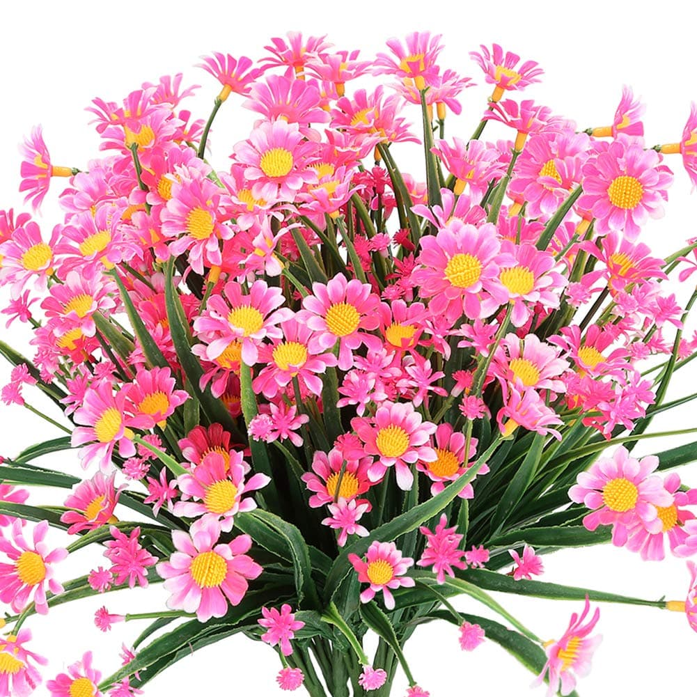TEMCHY Artificial Daisies Flowers Outdoor UV Resistant 4 Bundles Fake Foliage Greenery Faux Plants Shrubs Plastic Bushes for Window Box Hanging Planter Farmhouse Indoor Outside DecorPink