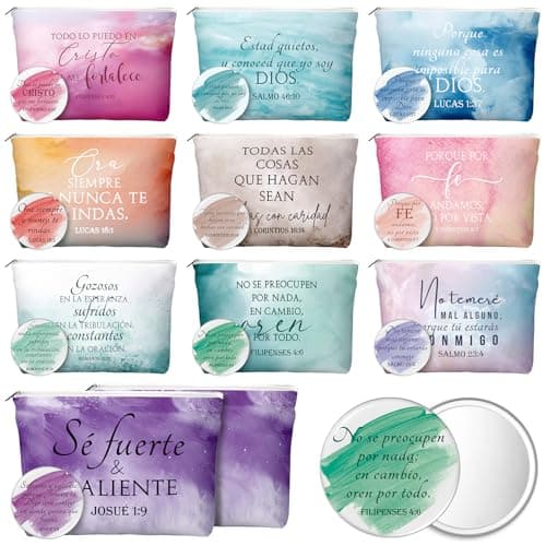 Reginary 10 Set Christian Gift for Women Bulk Religious Gifts 10 Canvas Makeup Bag 10 Bible Verse Compact Mirror Church Inspirational Gifts for Women Clergy Pastor VBSWatercolorSpanish Style