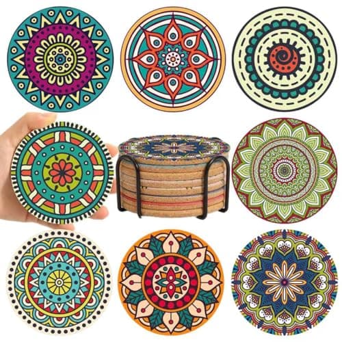 Cork Coasters Set of 8,Round Boho Coasters for Drinks,Cute Colorful Coaster with Holder,Apartment Farmhouse Office Bar Decor, Birthday Gifts for Mom Grandma(Mandala 4)