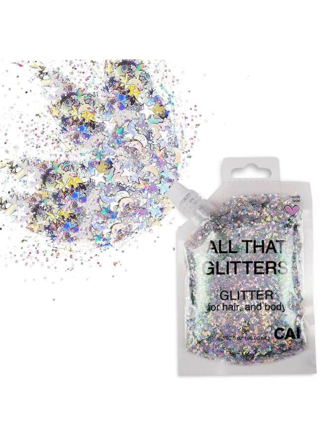Face Glitter; Hair & Body Makeup: for Kids/Women (3 Oz Silver) Chunky Iridescent Holograph Stars Moon Cosmetic Grade, Cruelty Free Apply Without Glue, Easy to Take Off Keeps Skin Clean