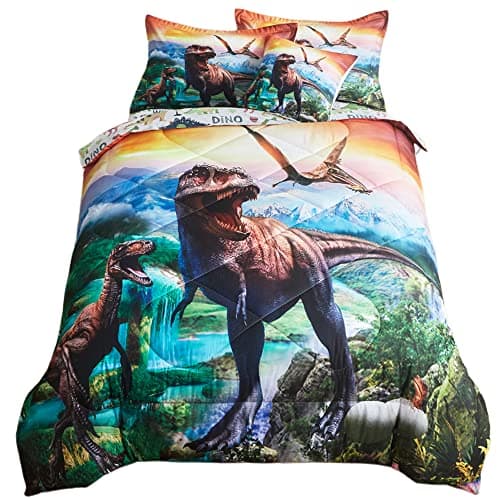 ADASMILE A & S 6 Pieces Kids Boys Dinosaur Comforter Set Full Size 3D Jungle T-Rex Dino Printed Bedding Sets with Colorful Dinosaurs Bed Sheets and Pillowcases Soft Lightweight All Season Room Decor