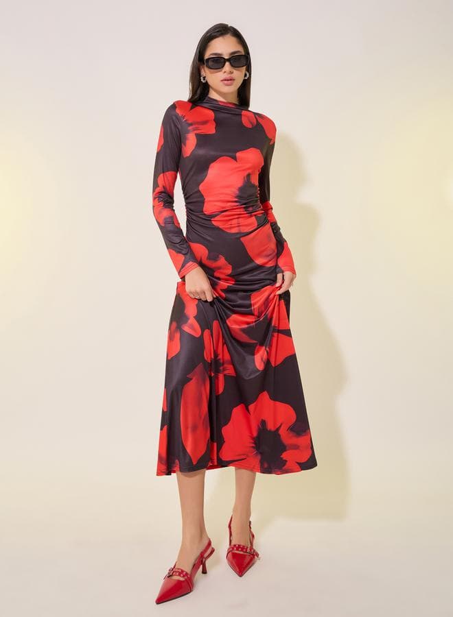Floral Print Long Sleeves A-Line Maxi Dress