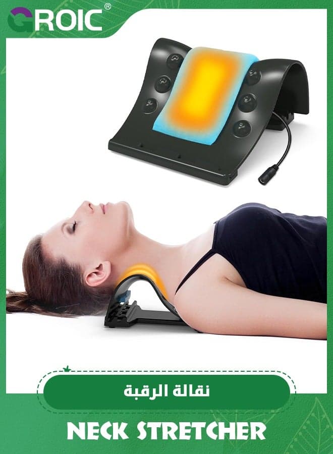 Cervical Traction Device - Heated Neck Stretcher for Instant Neck Pain Relief, Tension Headache Reduction, and TMJ Pain Relief, with Cervical Spine Pillow to Correct Neck Hump (Black)