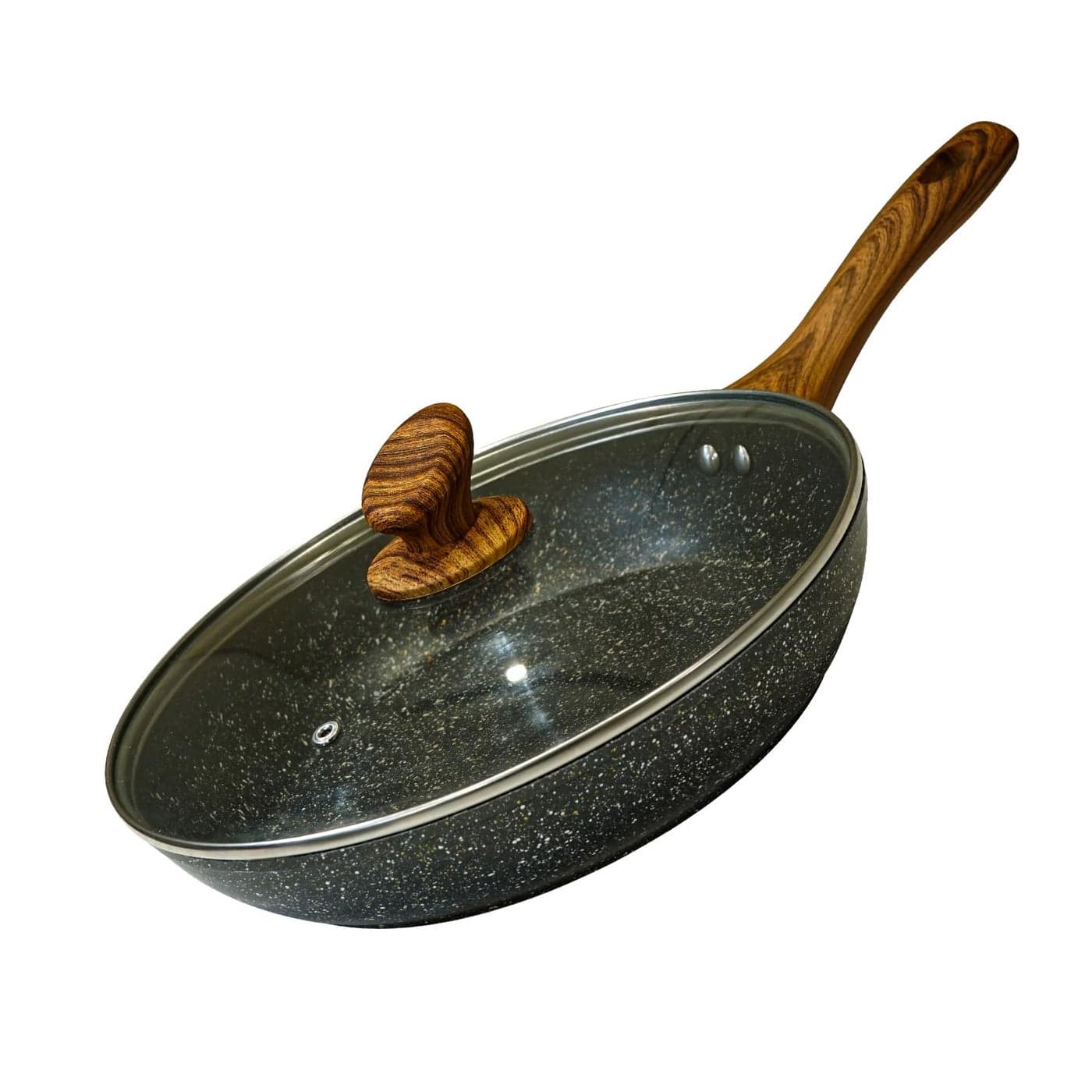 AEX NonStick Copper Frying Pan with Wooden Handles Suitable for Induction Electric and Gas Hobs Stone Frying Pan AntiScratch Pans 24 Cm with Lid