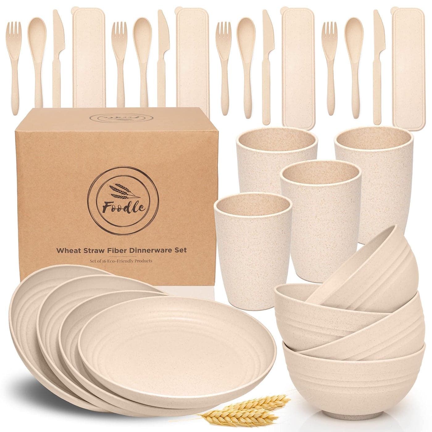 FOODLE Wheat Straw Dinnerware Set BPA Free Safety Tested Unbreakable Microwave Dishwasher Safe Dishes Picnic RV Dorm Camping Plates Cups and Bowls Great for Kids Adults For 4