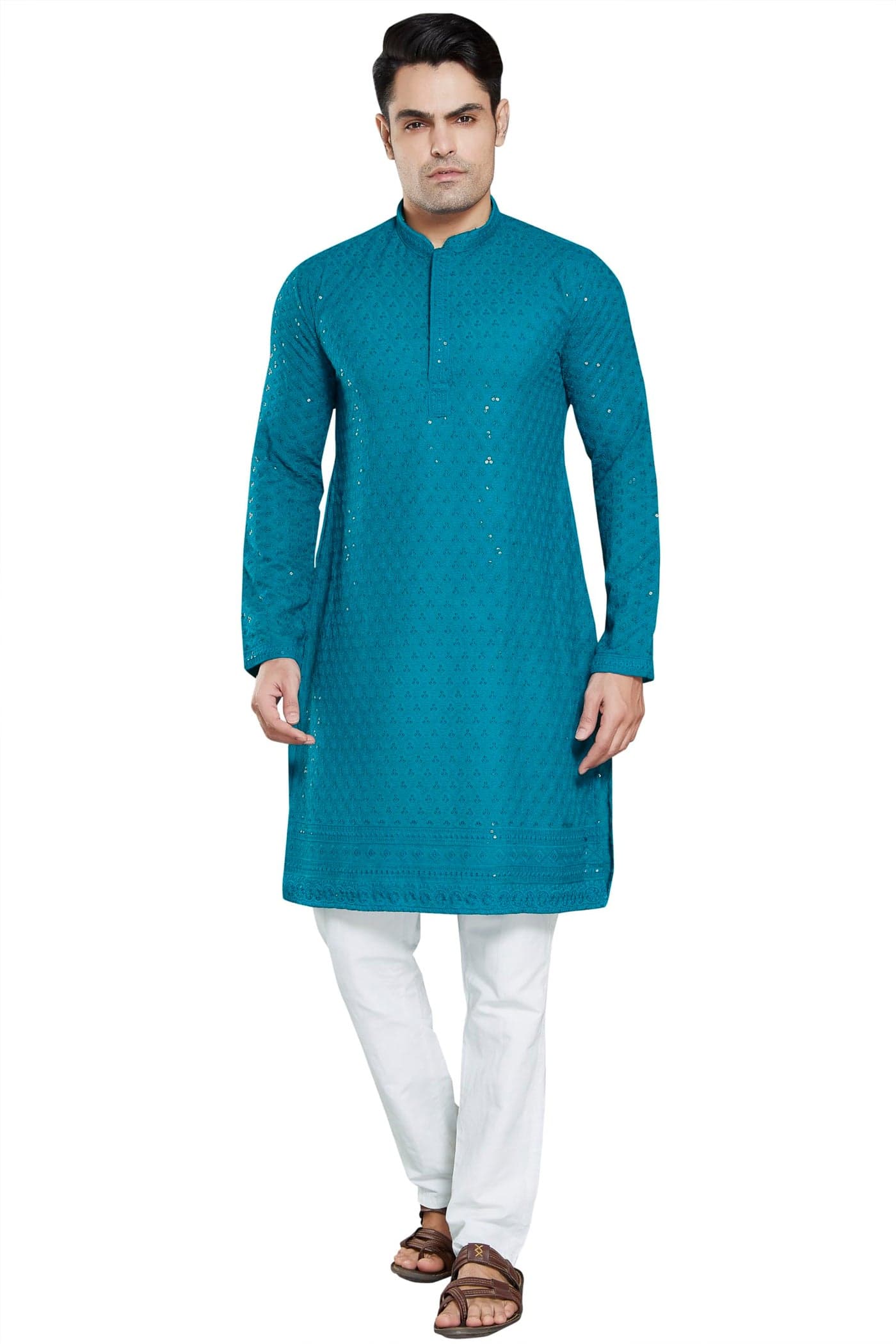 DIVISIVE Men's Sequince Embroidered Cotton Blend Slim Fit Kurta Pyjama Set (DKRT27_M_Turquoise)