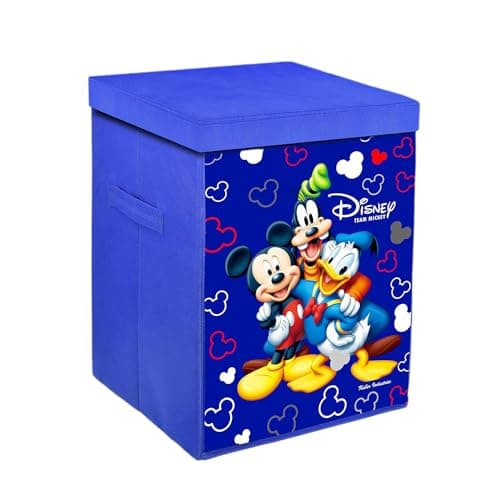 Kuber Industries Non Woven Foldable Laundry Basket For Clothes With Lid|Disney Mickey Team Print|Cloth Storage Box For Washing|Toy Storage Organizer|45 Ltr|Royal Blue