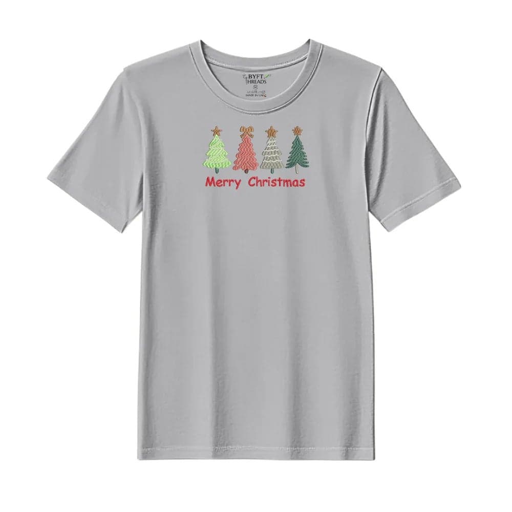 Threads XXL Grey Polycotton T-Shirt - Christmas "Merry Christmas Trees (4 Styles)" Embroidered Design, Premium Holiday Collection