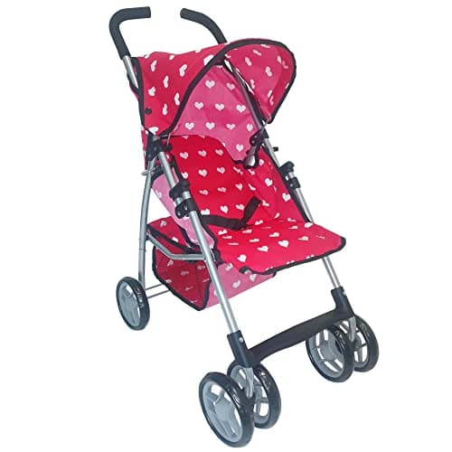 Baby Doll Stroller for Toddler Girls Big Kids up to 8 Years Old 28 Baby Stroller for Dolls Toy Baby Stroller with Cute Pink Hearts Pattern Storage Basket Canopy Handle Grips Swivel Wheels