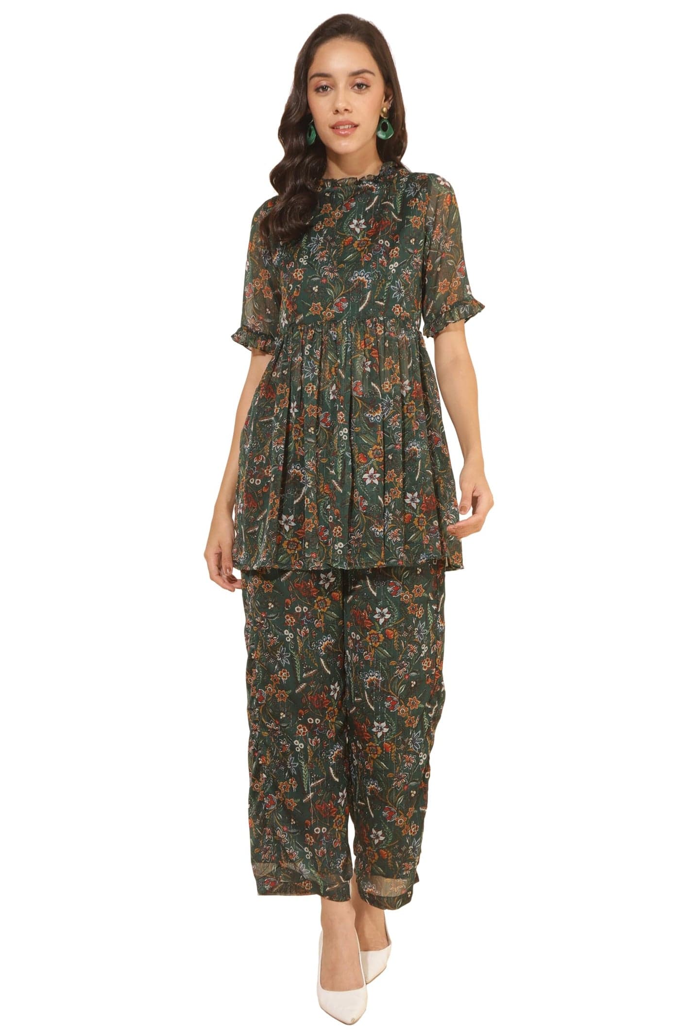 Janasya Women's Green Chiffon Lurex Floral Printed Co-ord Set(SET912-CO-ORD-XS)