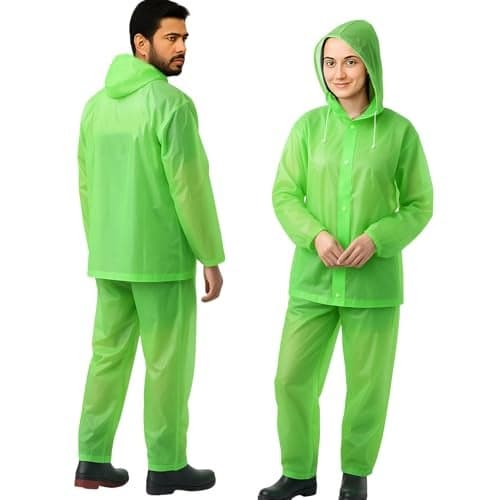 HACER EVA Rainsuit Set 75 GSM with Adjustable Hood Full Sleeves Lightweight Raincoat with Pants Water Resistant Outdoor Travel Rainwear for Men & Women Camping Trekking Hiking (Pack of 1, Neon Green)