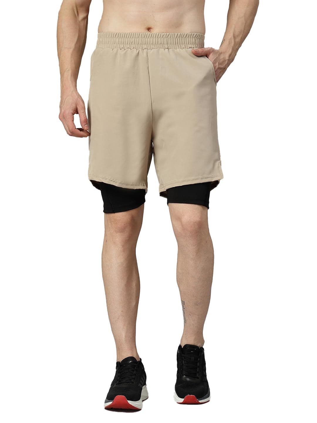 CHKOKKO Double Layered Gym Shorts for Men Workout | Compression Inner Layer with Pockets Across Inner Outer and Back | Dry Fit Sports Athletic wear for Running Jogging or Training BEIGEBLACK 3XL