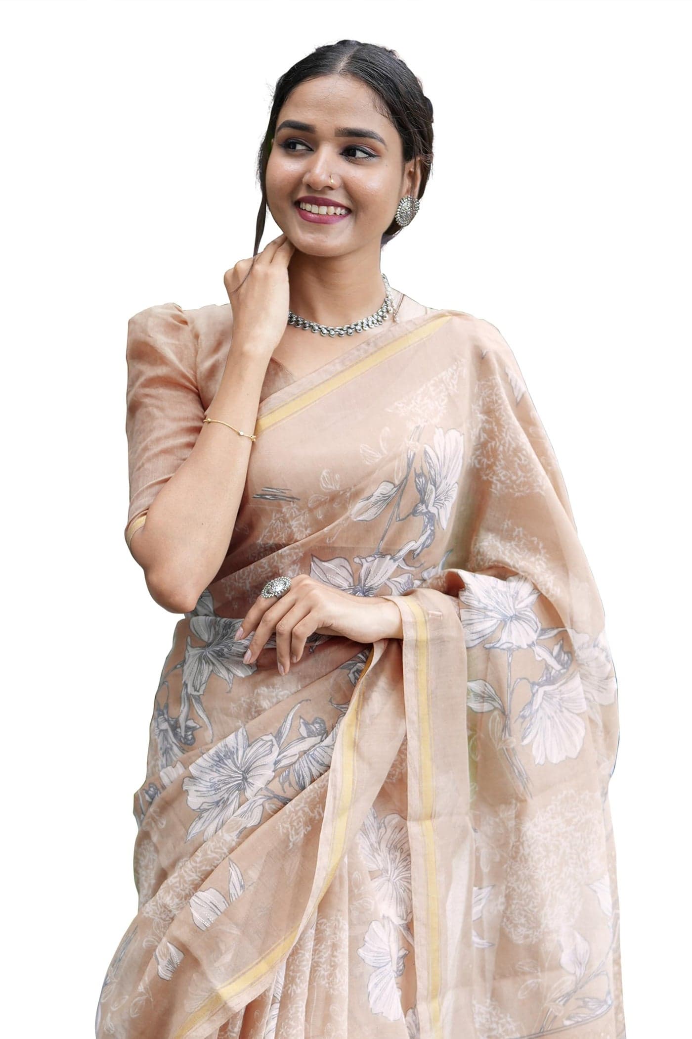 MIRCHI FASHION Women's Cotton Blend Floral Printed Saree with Blouse Piece (49173 - Light Peach, White, Grey)