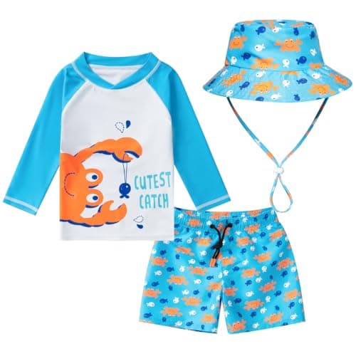 Toddler and Baby Boys' 3-Piece Swimsuit Trunk Rashguard Set Sun Hat Swimwear Bathing Suit Sunsuit Swim Shirt Set Crab 2-3T