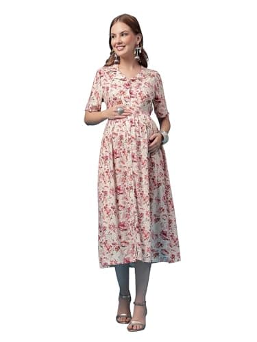 ZELENA Maternity Zipless Feeding Dress for Women | 100% Rayon Pre & Post Pregnancy Printed Design Dress for Woman | Nursing Dresses for Breastfeeding for Mothers with Pockets - Off White