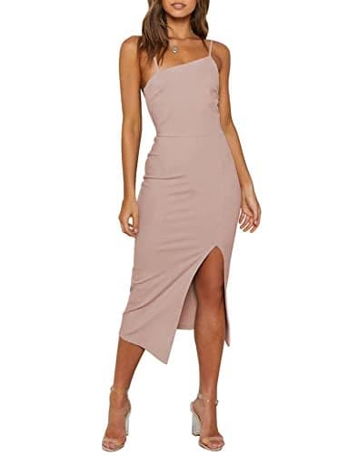 OWIN Women's Elegant Adjustable Spaghetti Straps Sleeveless Split Wedding Guest Cocktail Party Dress Pink S