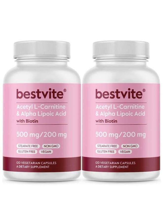 Acetyl L-Carnitine 500mg & Alpha Lipoic Acid 200mg per Capsule with Biotin (240 Vegetarian Capsules) (120 x 2) - No Stearates - Vegan - Non GMO - Gluten Free