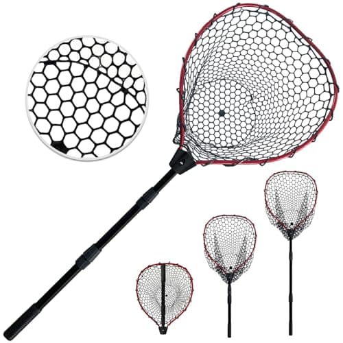 SEASPRO Red Telescoping Rubber Fishing Net Aluminum Alloy Fish Net Adjustable Length Lightweight Foldable Large Fishing Net with Handle Collapsible Extendable Fishing Accessories