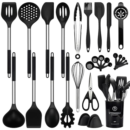 NCUE 28 Pcs Silicone Cooking Utensils Set with Holder, Spatula Set, Silicone Whisk, Scissors, Measuring Cups and Spoons Set with Stainless Steel Handle Kitchen Gadgets (Black)