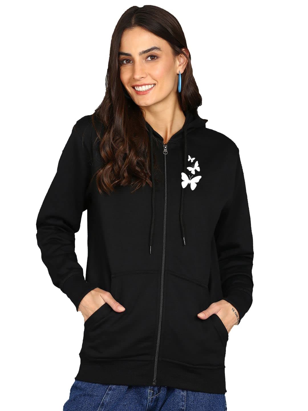 FALTU.CO Women's Butterfly Printed Zipper Hooded Sweatshirt | Front Zip, Ribbed Hem, Lined Hood, Casual Winter Wear Jacket, Pure Cotton Hoodies Soft, Lightweight, Warm & Stylish Kangaroo Pocket Black