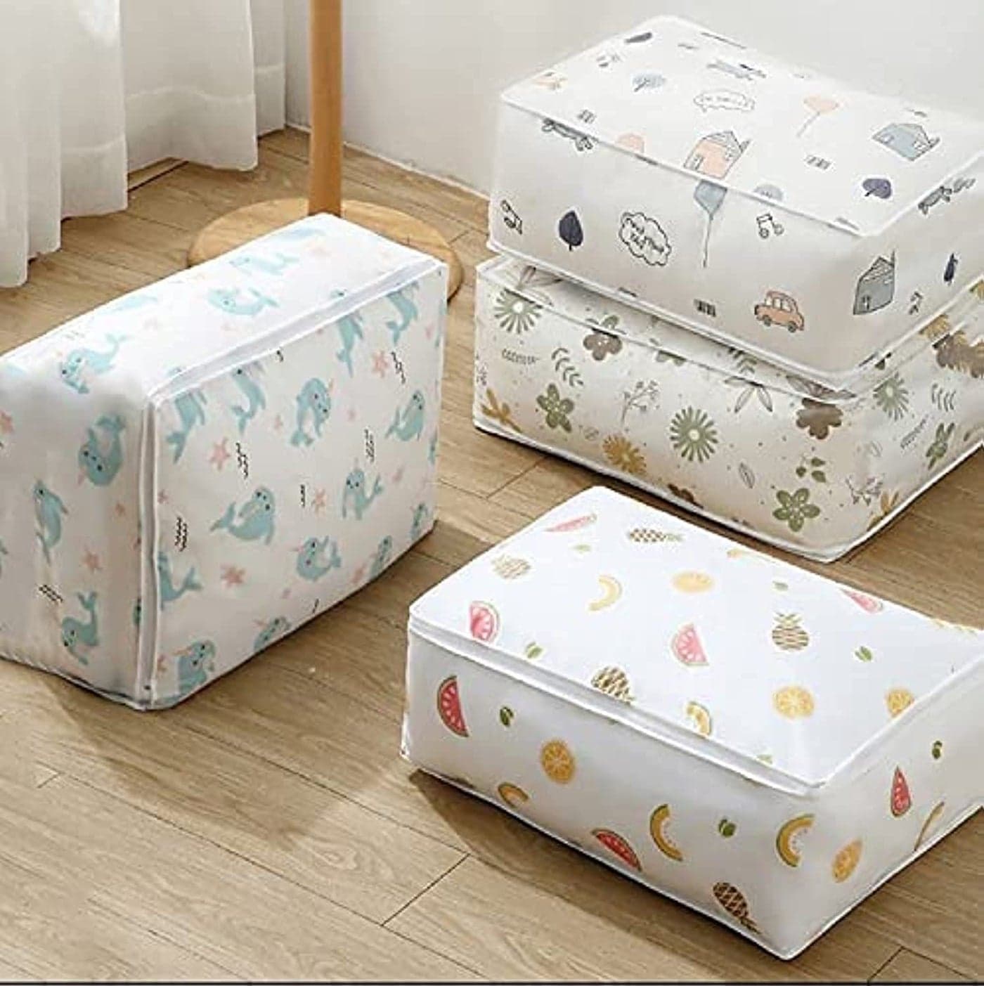 MARK AMPLE Blanket Storage Bag Under-Bed Quilt Clothes Storage Bag with Peva Material Washable Waterproof Foldable Transparent Printed Cover (Multi-Design) (1), poly ethylene_vinyl_acetate
