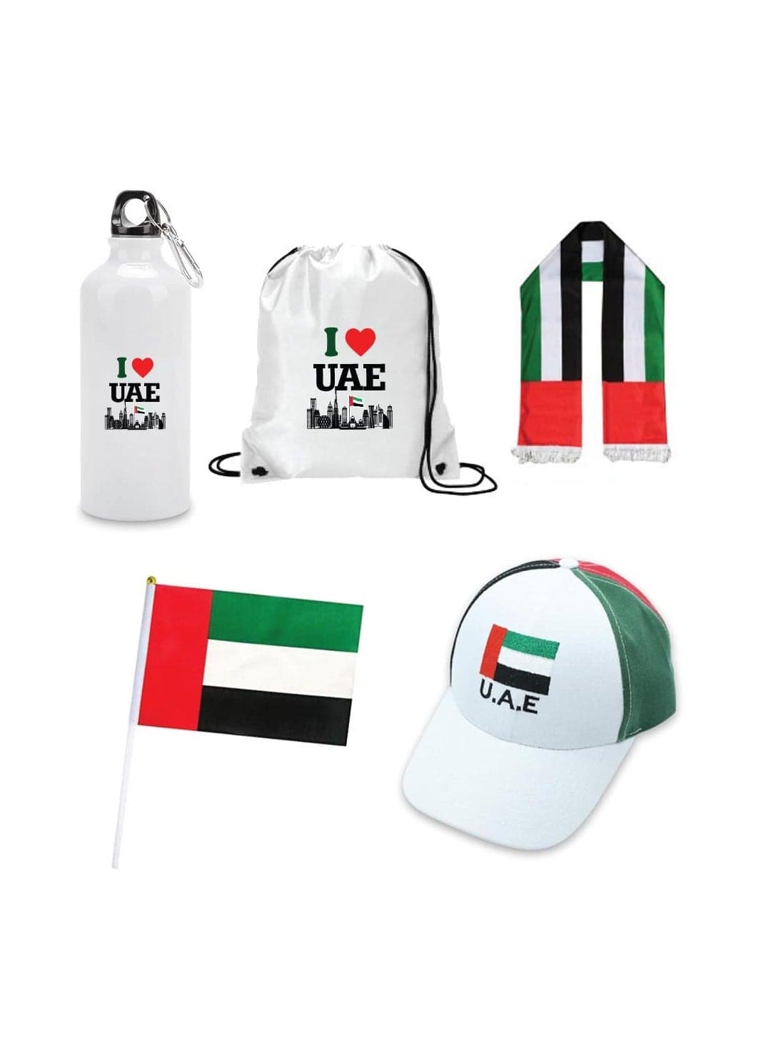 UAE Celebration Day Gift Set _5-Piece Combo Set With Drawstring Bag,Scarf,Flag,Caps,And Aluminium Water Flask_Perfect For Events And Celebrations