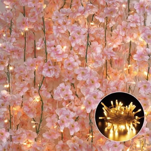 Sunm Boutique Cherry Blossom Garland 4Pack 236 Ft Cherry Blossom Hanging Vine with 328 Ft Long 80 LED String Lights Silk Sakura Vines Garland for Wedding Party Decor Pink
