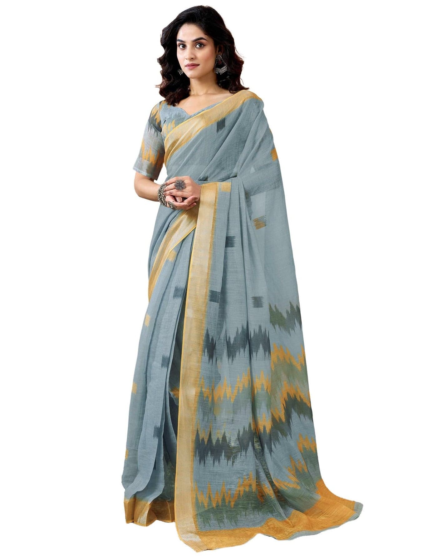 SIRIL Women's Printed Cotton Linen One Minute Ready to Wear Saree with Pocket & Unstitched Blouse Piece (45RS416_Grey)