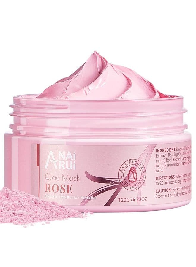 Rose Clay Facial Mask, with Kaolin Pink Clay, Niacinamide, Collagen, Hyaluronic Acid Moisturizing. Pores Minimizers, Blackhead Remover, 4.23 Oz
