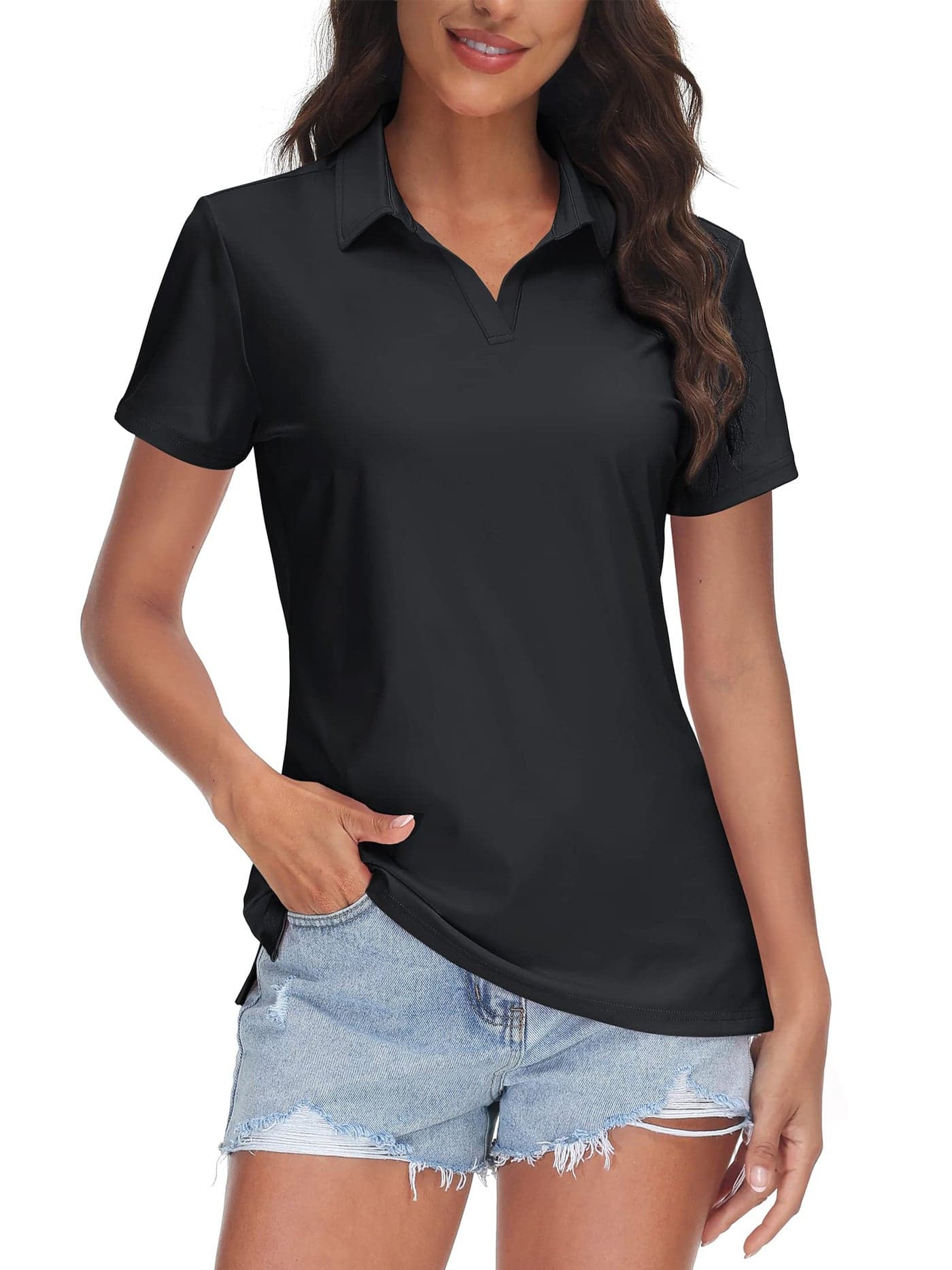 TACVASEN Black Women Polo Shirts UPF 50+ Golf Shirt V Neck Short Sleeve Shirt Sun Protection Collared Shirt for Work Quick Dry, S