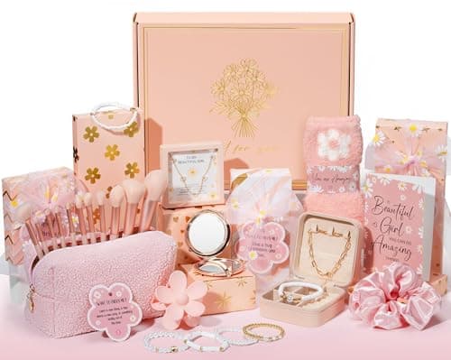 Easter Basket Gifts for Tween Teen Girls 8 PCS Birthday Gift Teenage Girl Gifts Trendy Stuff wFun Task Tag Makeup Brushes Bag Empower Positive Wrapped Gift Prefilled Stuffers for Daughter Niece