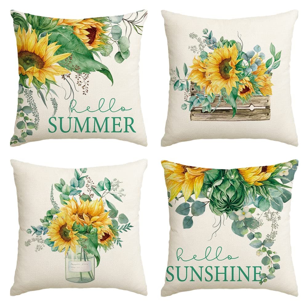 AVOIN Watercolor Sunflower Throw Pillow Cover 18 x 18 Inch Eucalyptus Leaves Summer Holiday Party Cushion Case for Sofa Couch Set of 4
