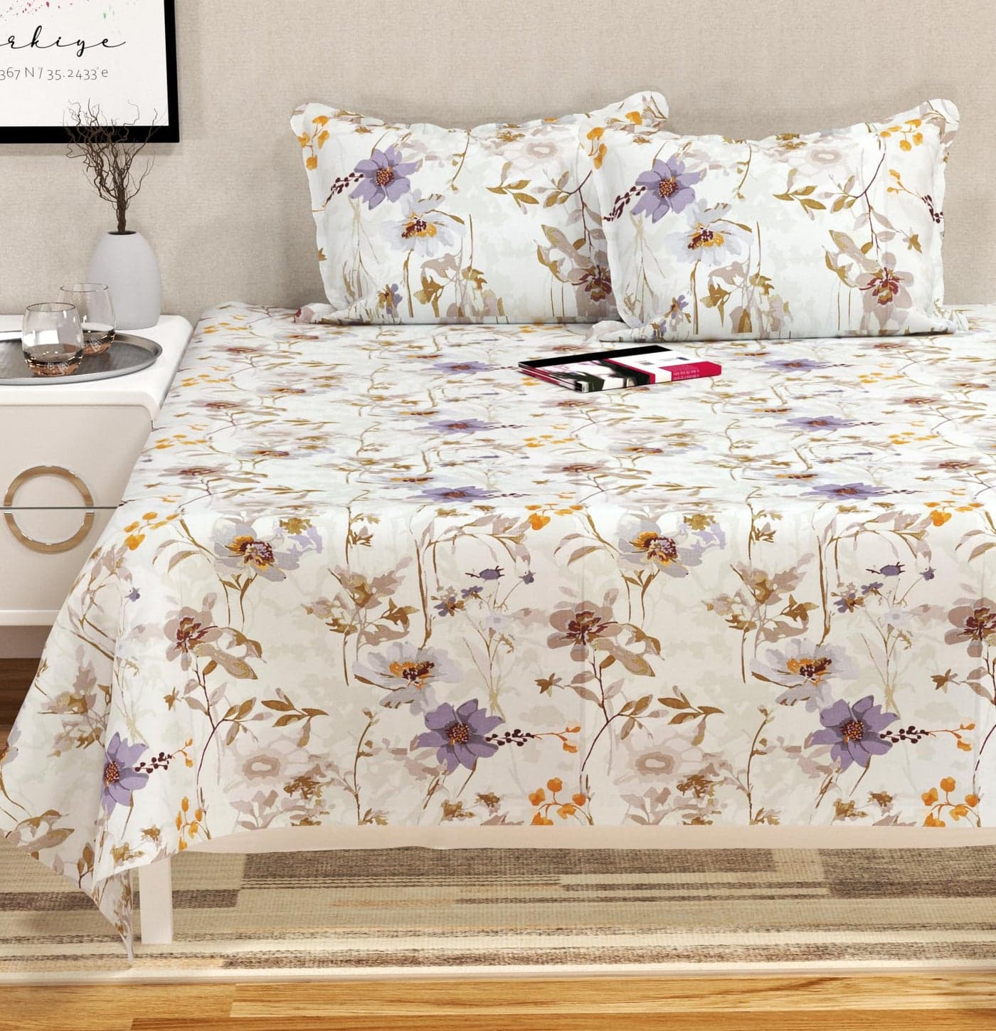 SANMARINO Flat Bedsheet Set | Breeze Cotton | Soft, Wrinkle-Free & Cooling Fabric | Double Size Bed Sheet with 2 Pillow Covers | Skin-Friendly & Stylish 200 to 220 tc White and Lvory - 228 x 254 cm
