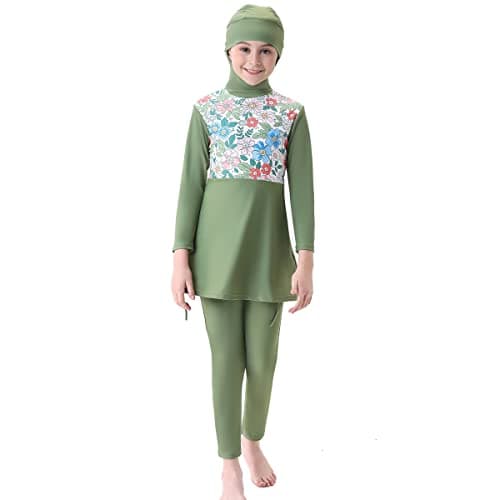 Girls Muslim Swimsuit Tops + Pants UPF 50+ Full Cover Rashguard Burkini Hijab Islamic Swimwear Kids Beach Bathing Suit Two Pieces Children Surfing Diving Outfits Long Sleeve Green 9-10 Years