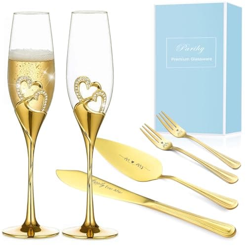 Parihy Wedding cake cutting set, Gold Wedding Champagne Fluteswith Twin Heart Base and Rhinestone Detailing, Toasting Glasses for Couple Bride and Groom, Cake Cutting Set of 6