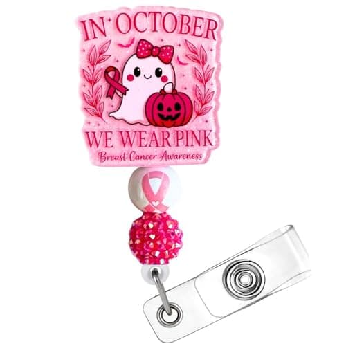 in October We Wear Pink Breast Cancer Awareness Badge Reel Ghost Halloween Hospital Clinic ID Name Holder Clip Fighters Support Survivors Accessories Gift for Healtcare Workers CNA Nurse Coworkers