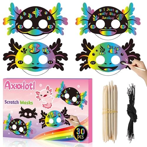 B1ykin 30Pcs Axolotl Scratch Mask Gift Set DIY Magic Scratch Axolotl Masks Paper Art Craft Kit for Kids Color Paper Party Favors for Girls Boys Birthday School Classroom Art Activity Project