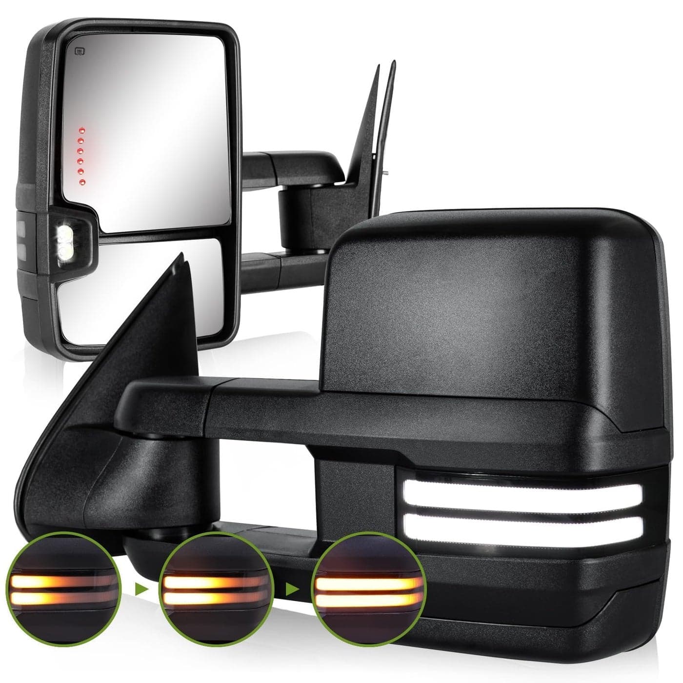 SIZIOM Switchback Towing Mirrors for 20032007 Chevy Silverado GMC Sierra Side Mirror with Dynamic Turn Signal Running Light Backup Lamp Power Heated Extendable Pair SetTextured Black