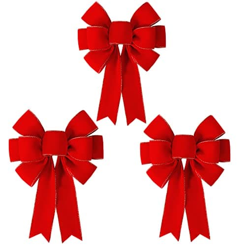 SIMISI RIBBON 3 Packs Red Bows Christmas Decorations Big Wired Velvet Bow with Gold Border for Wreaths Outdoor Gift Wrapping Tree Topper Outside 12 14 inch