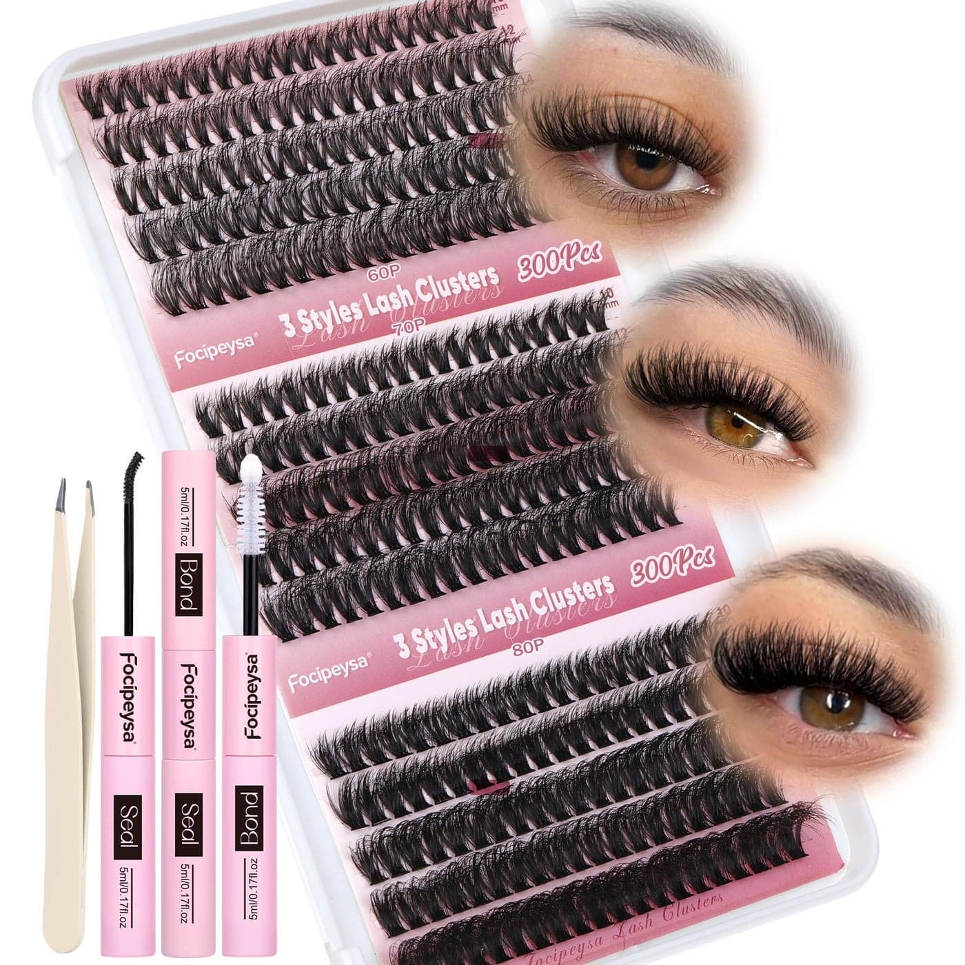Focipeysa Lash Extension Kit 300pcs Lash Clusters Volume Eyelash Extension 60D 70D 80D Eyelash Clusters 916mm DIY Lash Extensions Kit with Waterproof Lash Bond and Seal and Lash Tweezers