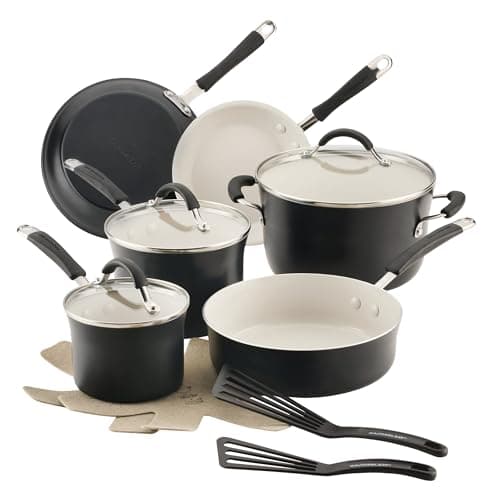 Rachael Ray Cucina Ceramic Cookware Set - 13 Pieces - Ceramic Pots and Pans Set w/Nonstick Frying Pans, Saute Pan, Saucepans, Stockpot, Lids, Pan Protectors & Cooking Utensils - Peppercorn