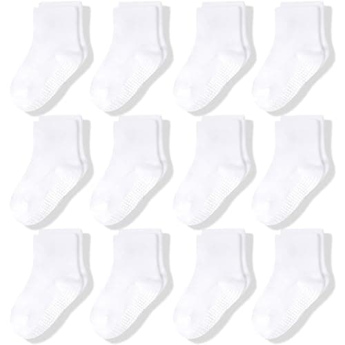 CozyWay Baby & Toddler Socks With Grippers Non Slip Crew Grip Socks for Girls and Boys Soft Comfy Cotton 0-6 Months White 12 Pack