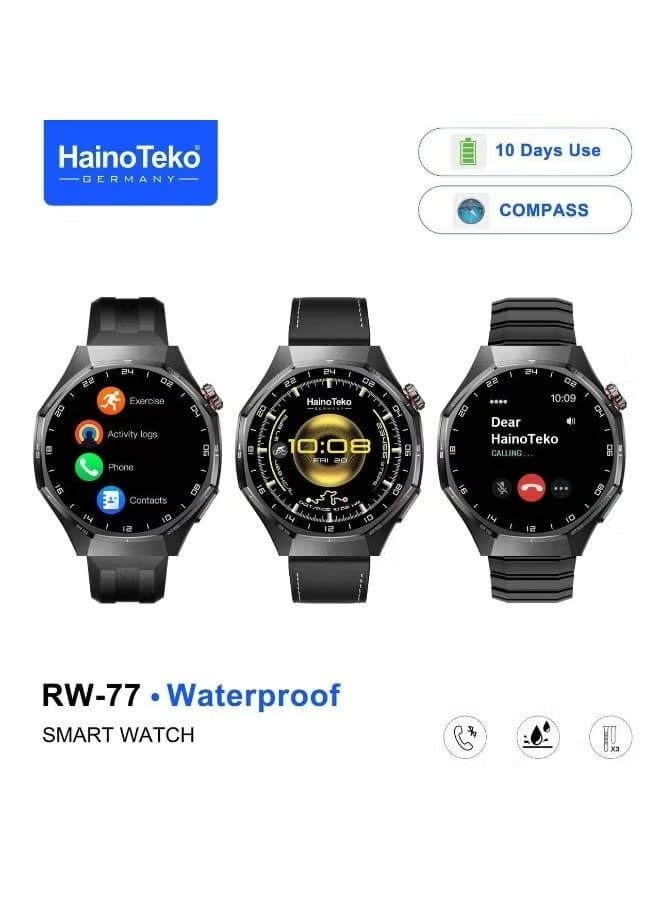 RW-77 AMOLED Smart Watch with Bluetooth Calling, Waterproof Fitness Tracker, 10 Days Battery Life, Heart Rate & Sleep Monitoring, Multi-Sport Modes, 3 Interchangeable Straps, Smartwatch for Men & Women - Black