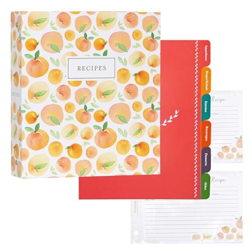 Jot & Mark 8.5" x 9.5" 3 Ring Recipe Binder with 50 Matching 4x6 inch Recipe Cards, 25 Top & Bottom Binder Sleeves Sheet Protector, 5 Full-Page Undivided Sleeves, 6 Sturdy Divider Tabs, Peach Dream