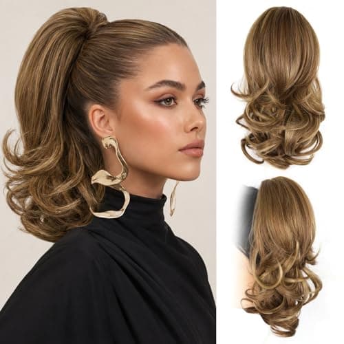 14 Inch Ponytail Extension Soft Wavy Pony Tails Hair Extensions Claw Clip Ponytail Extension Synthetic Hair Extensions Ponytail Clip in Ponytail Color Light Brown With Blonde Highlights