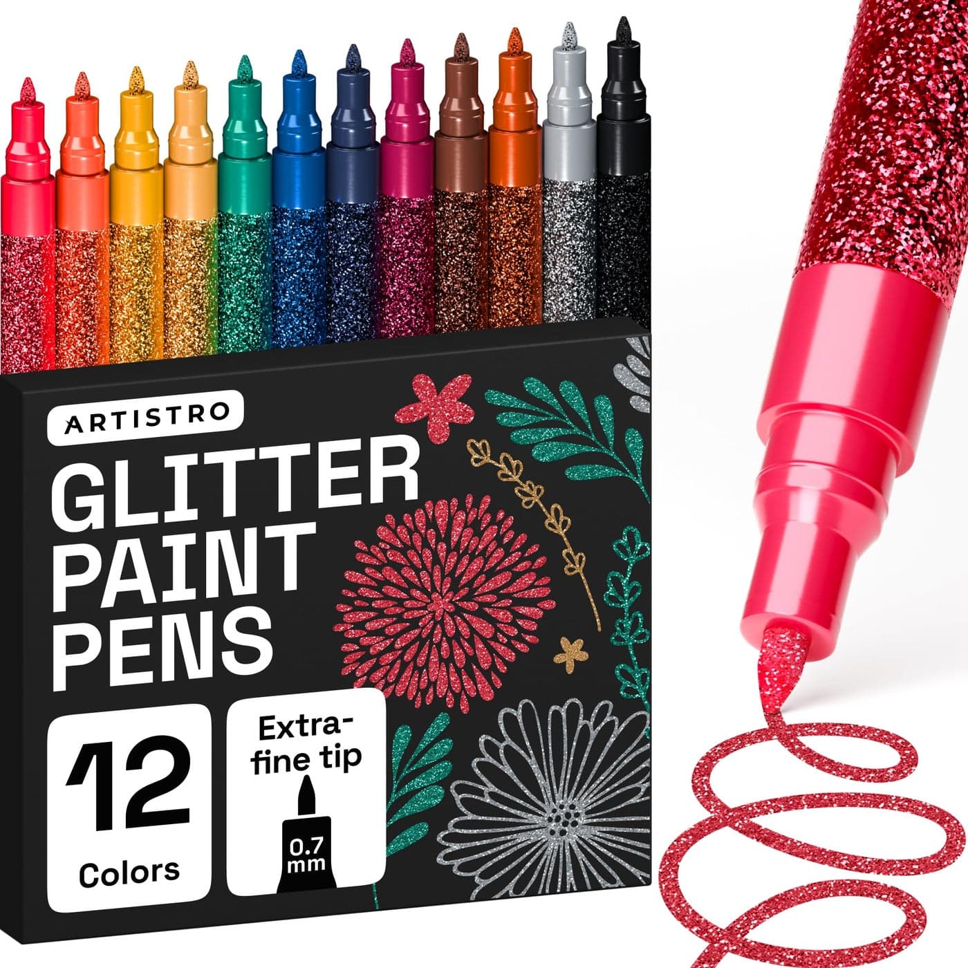 ARTISTRO 12 Glitter Paint Pens for Glass Marking Rock Painting Ceramic Wood Fabric Scrapbooking DIY Craft Making Coloring Acrylic Paint Markers ExtraFine Tip 07mm