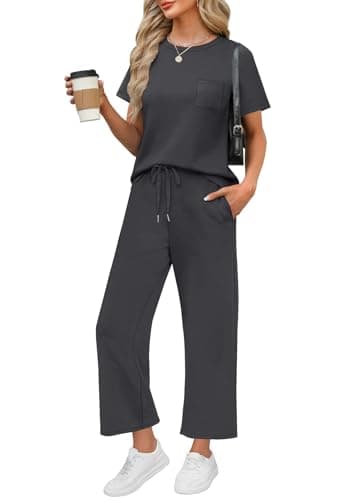 WIHOLL Workout Sets for Women 2 Piece Short Sleeve Summer Cruise Business Casual Outfits 2025 Going Out Two Piece Sets Women's Clothing Short Sleeve Crew Neck Tracksuits Dark Grey L