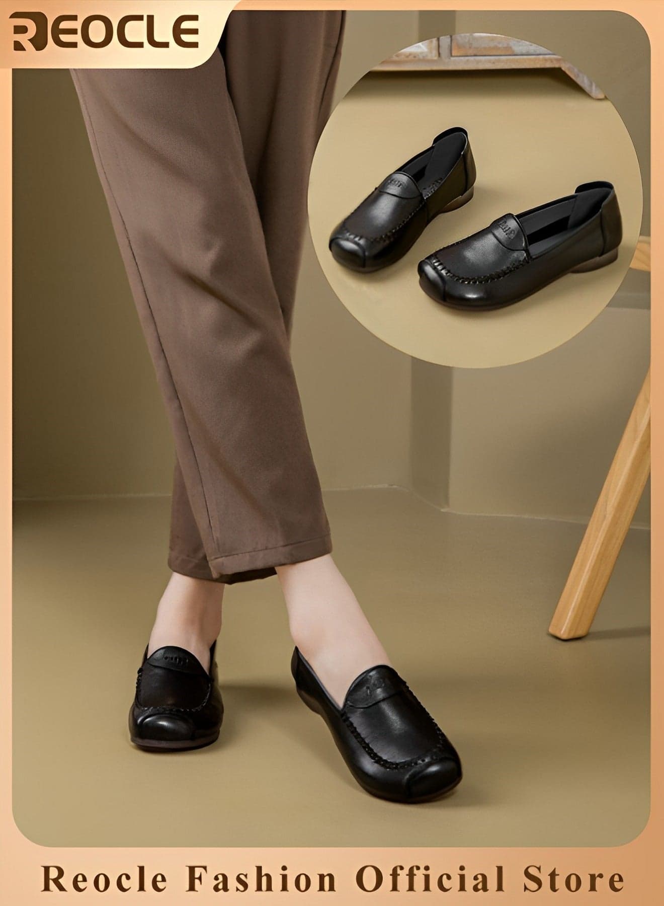 Women's Flat Shoes Dress PU Leather Slip on Shoes with Round Toe & Comfortable Lining & Hand Stitching
