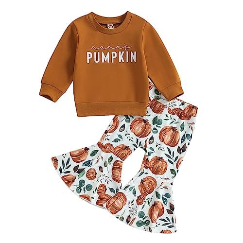 Kupretty Baby Girl Fall Winter Clothes Pumpkin Patch Crewneck Sweatshirt Flare Pants Set Toddler Halloween Outfits (Mama's Pumpkin Brown, 12-18 Months)